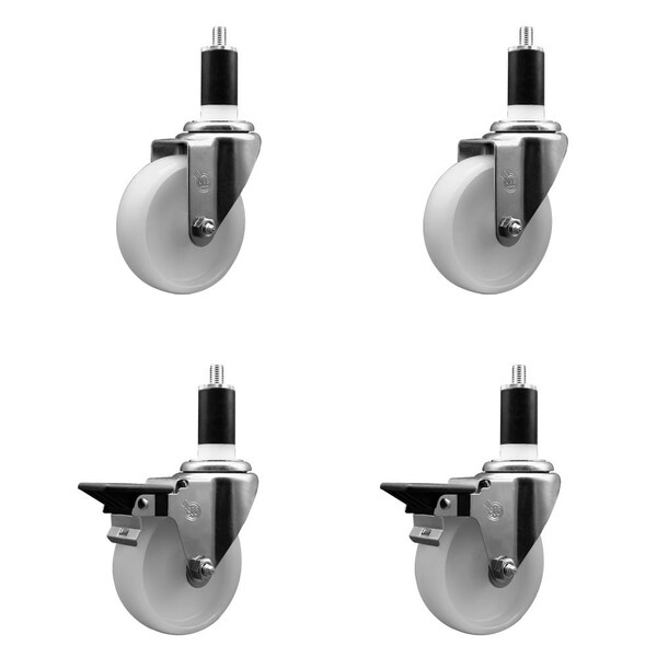 4'' Nylon Wheel Swivel 1-3/8'' Expanding Stem Caster Set 2 Brakes, 4PK